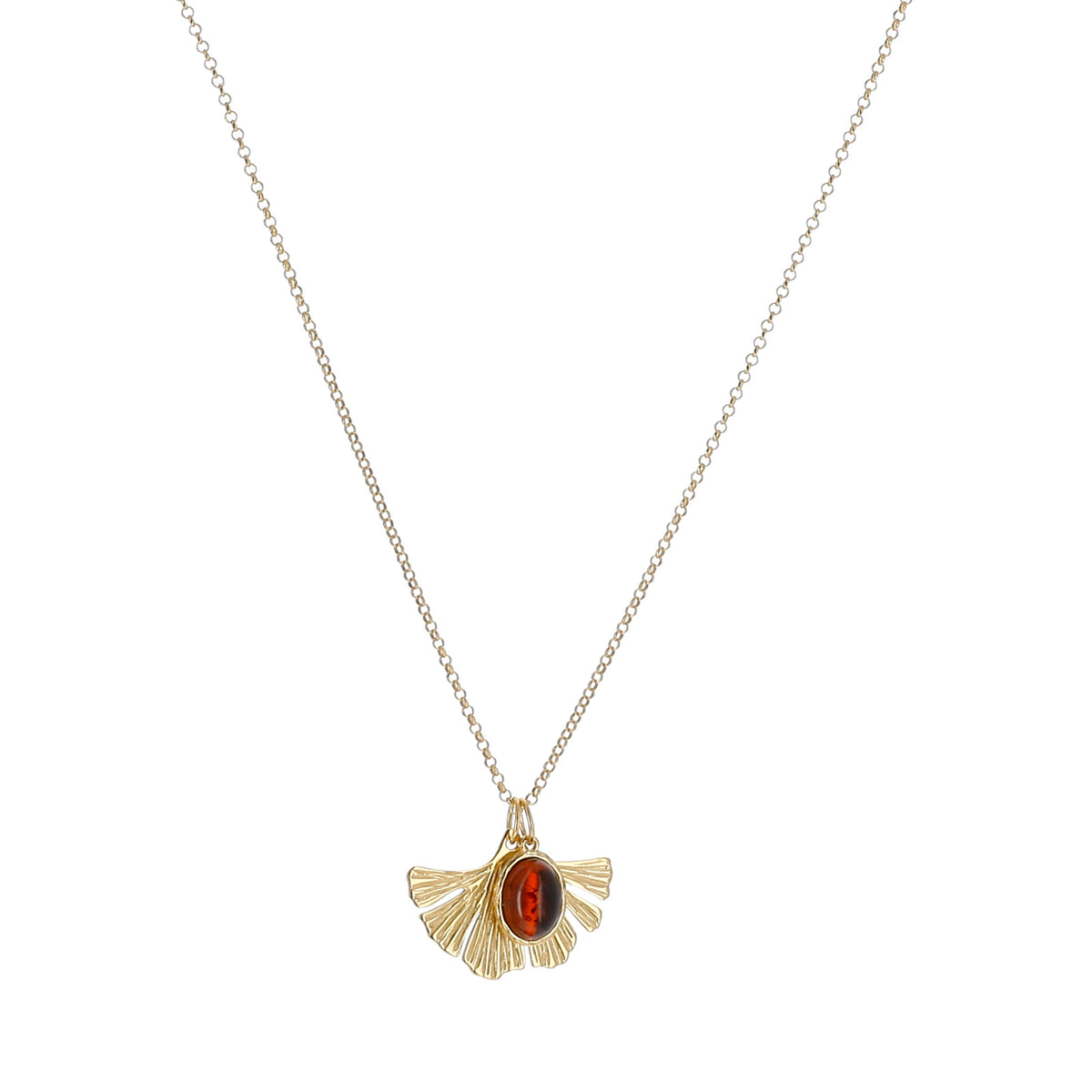 Collier Ginkgo ambre et argent doré - 1