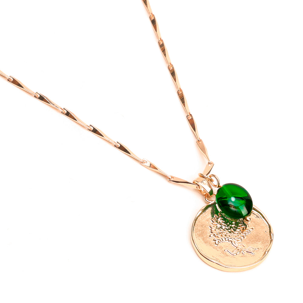 Collier médaille arbre de vie en acier inoxydable doré et perle de verre - 1