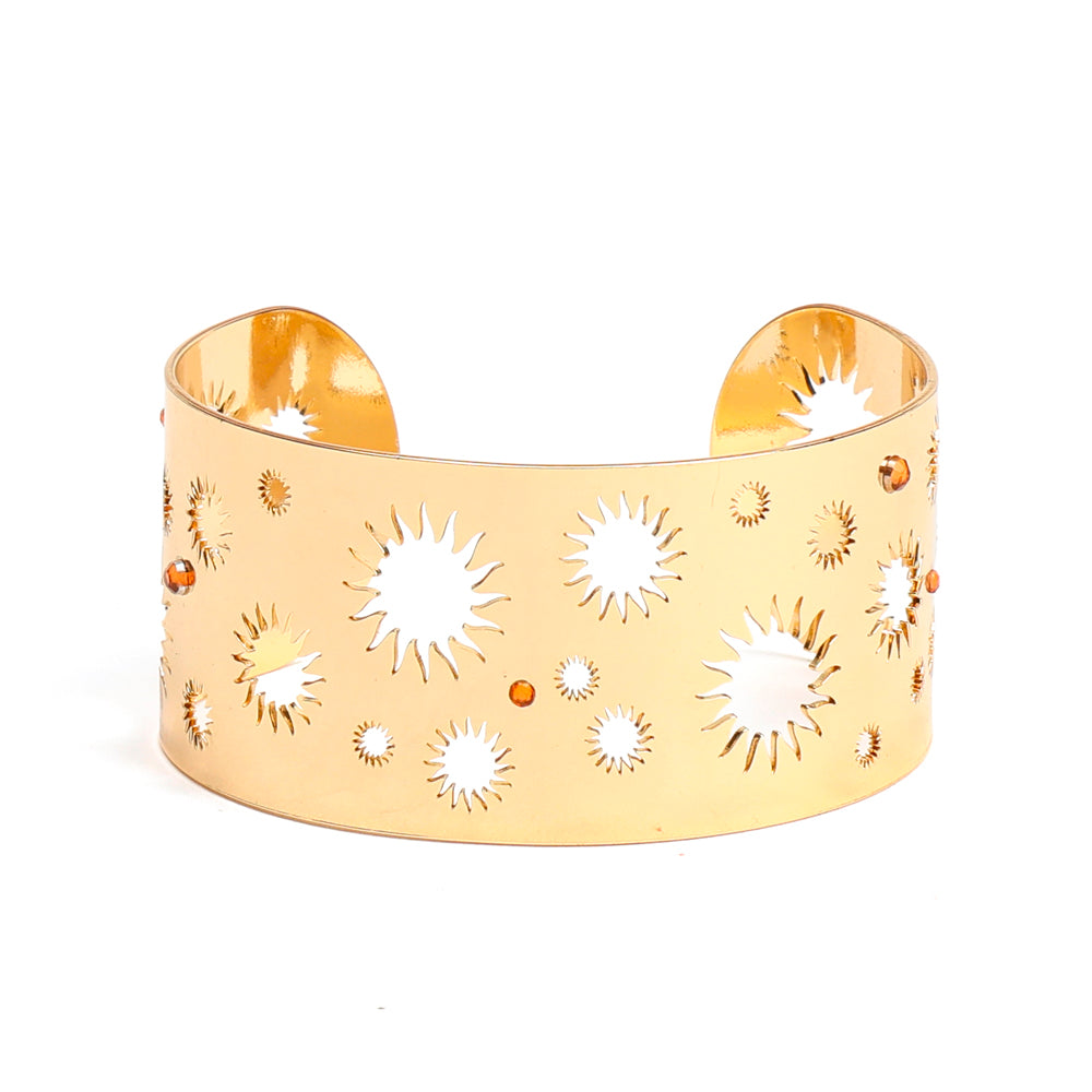 Bracelet manchette Soleil artisanal en acier inoxydable doré et perles de verre - 1