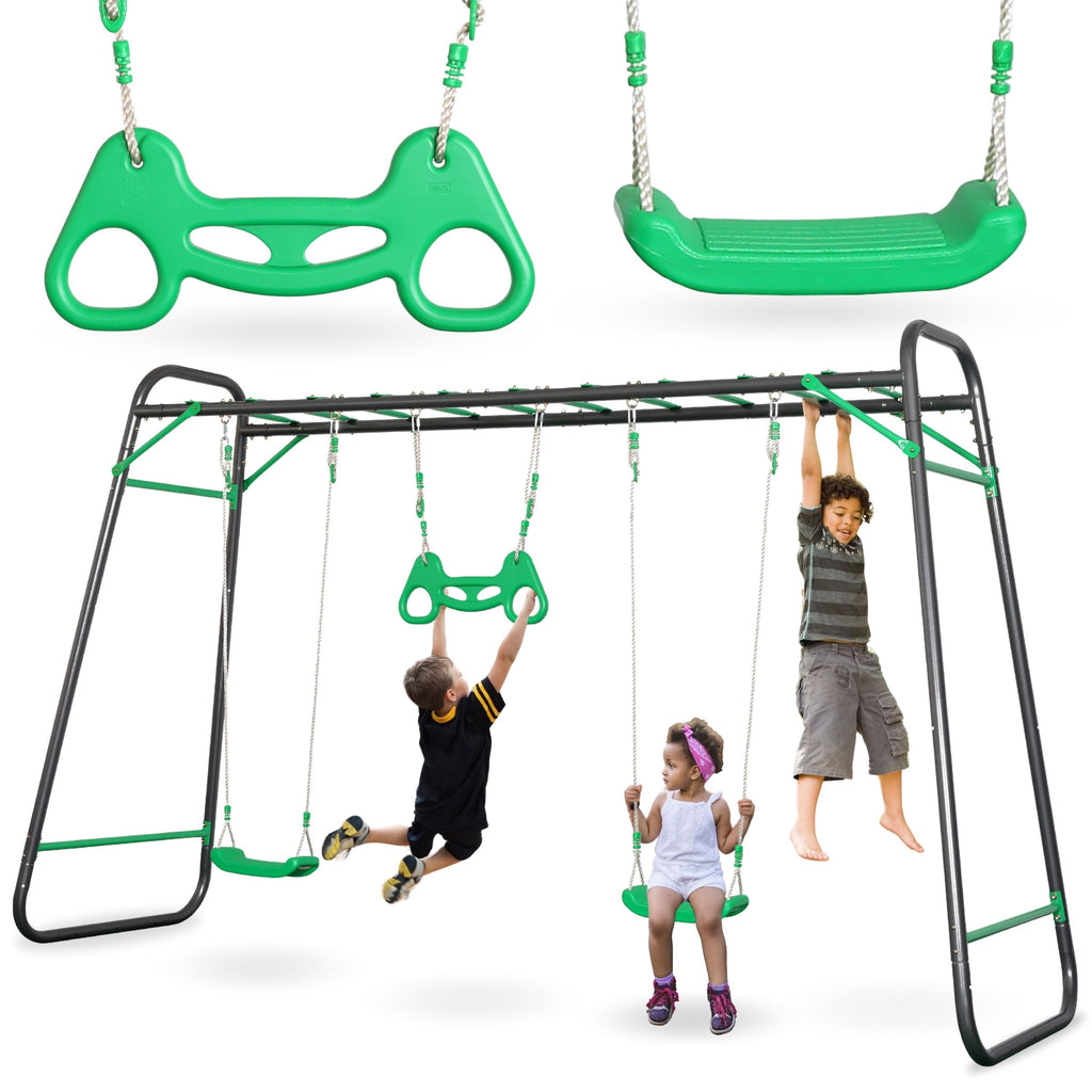 Aire de jeux jardin xxl hypermotion - portique acier 2 sièges, échelle & trapèze - 1