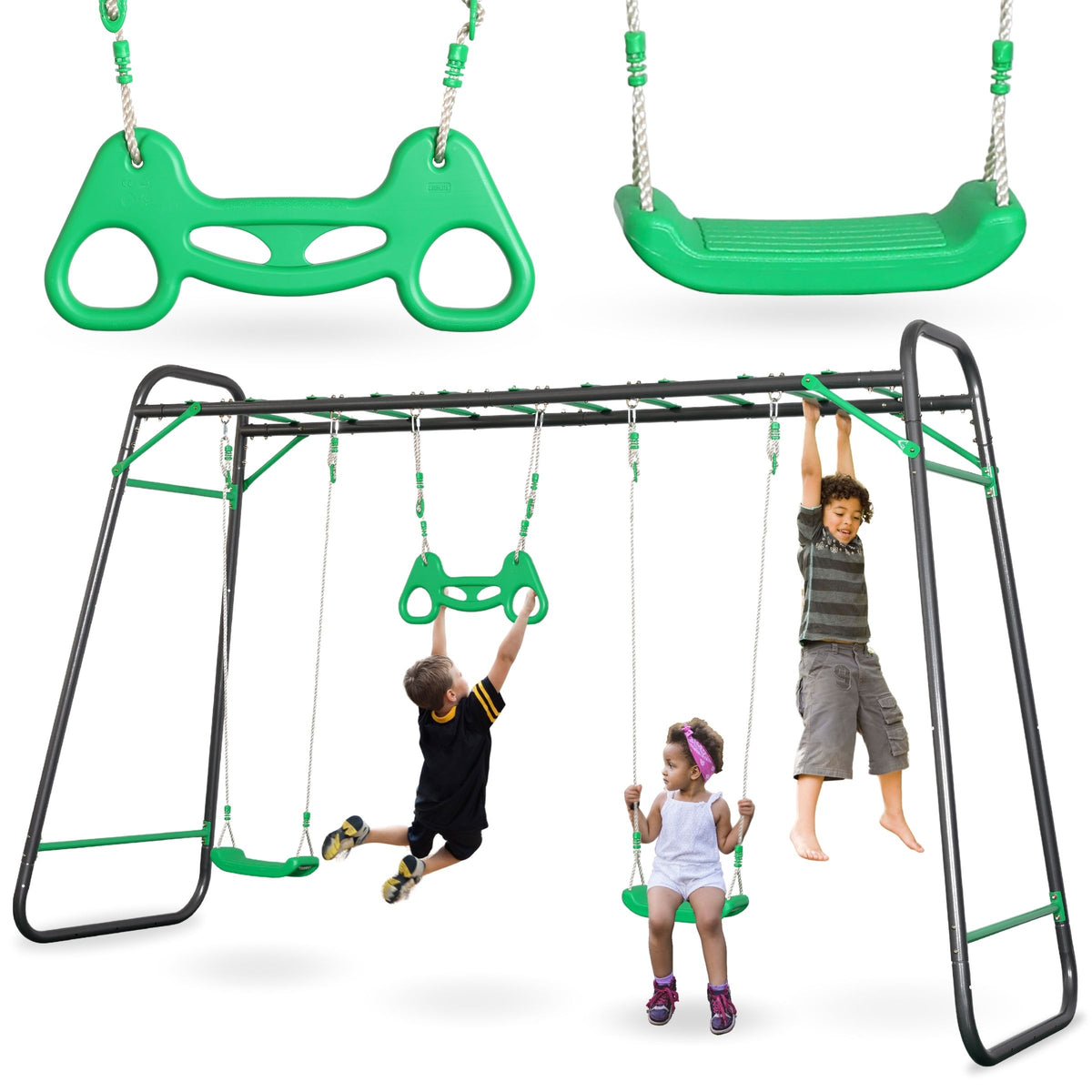 Aire de jeux jardin xxl hypermotion - portique acier 2 sièges, échelle & trapèze - 1