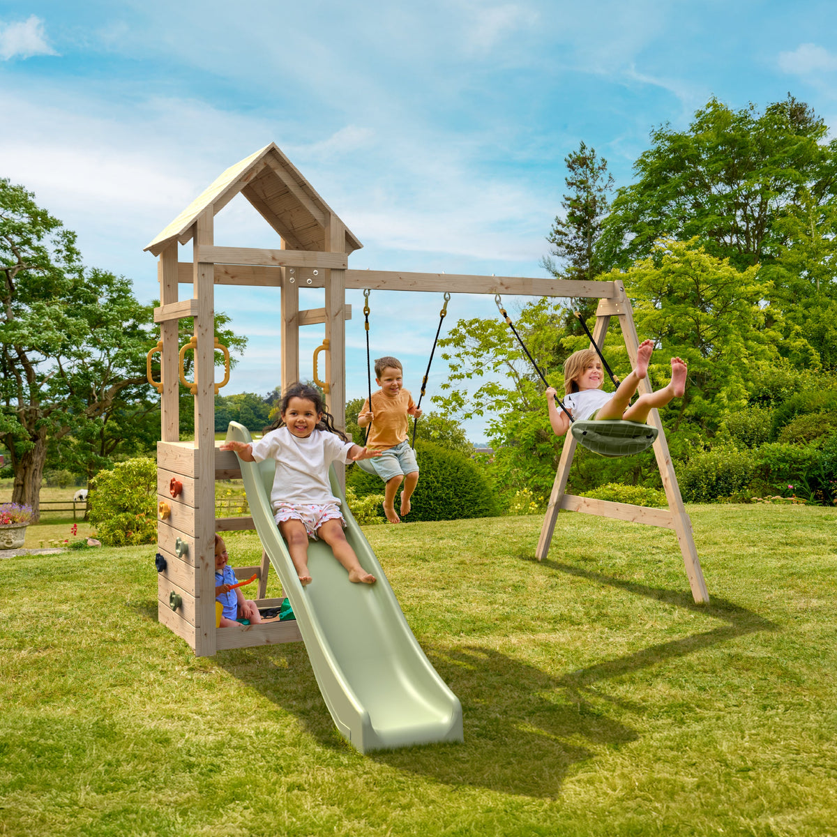 Aire de jeux 2 balançoires, toboggan et mur d'escalade - h210 cm - bois fsc® - - 1