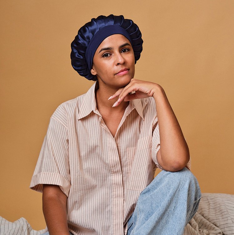 Bonnet de nuit 100% pure soie - bleu nuit - 1