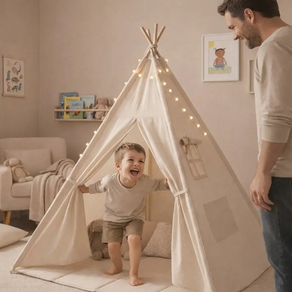 Tente tipi enfant beige avec tapis de sol et guirlande, coton et pin naturel - 2