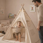Tente tipi enfant beige avec tapis de sol et guirlande, coton et pin naturel - 2
