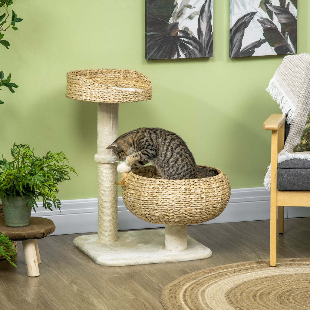 Arbre à chat griffoir 2 niveaux hauteur 72 cm 1 balle suspendue beige - 1