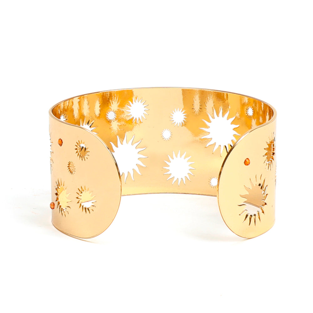 Bracelet manchette Soleil artisanal en acier inoxydable doré et perles de verre - 2