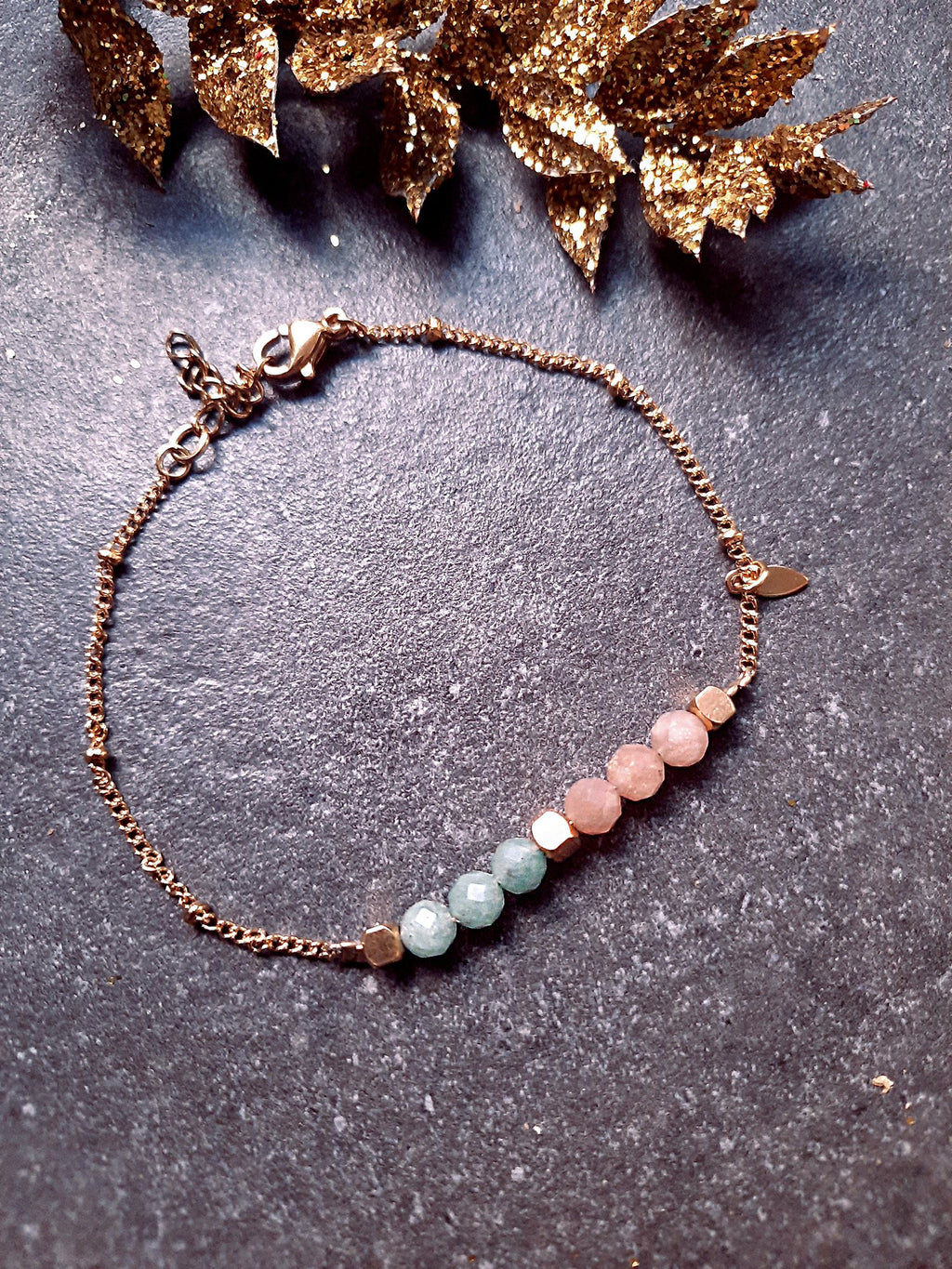 Bracelet pierres talisman rose et vert - 2