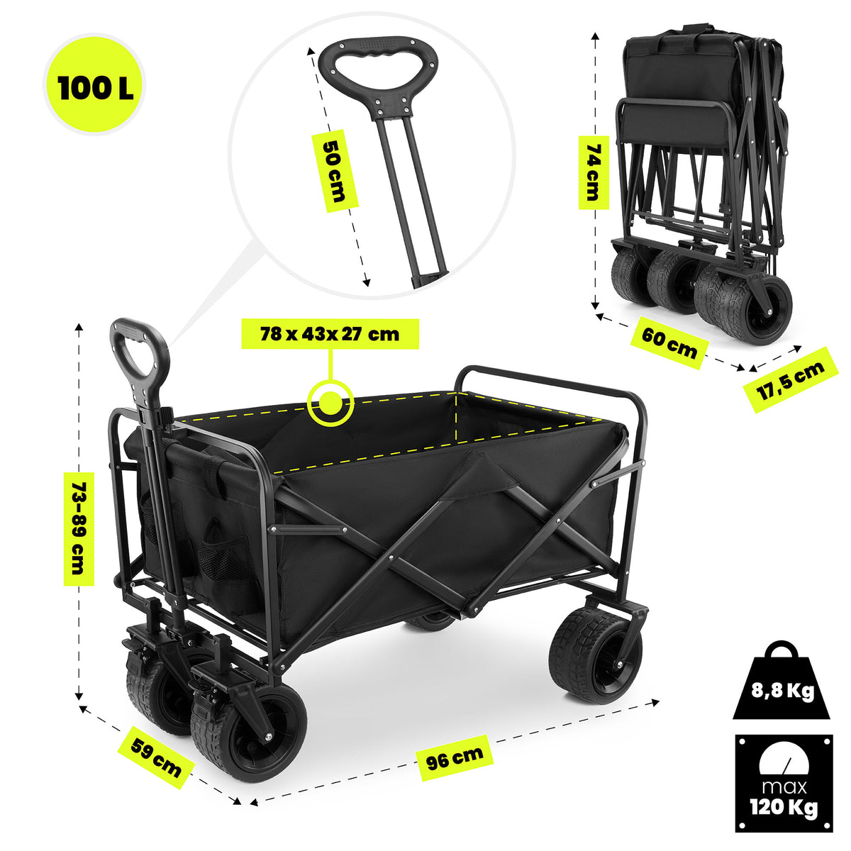 Chariot pliable hypermotion 100l tout-terrain jardin, plage, nature 120kg - 1