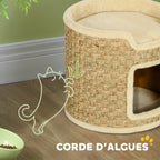 Panier coussin griffoir chat 3 en 1 jonc de mer peluche beige - 1
