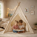 Tente tipi enfant beige avec tapis de sol et guirlande, coton et pin naturel - 1
